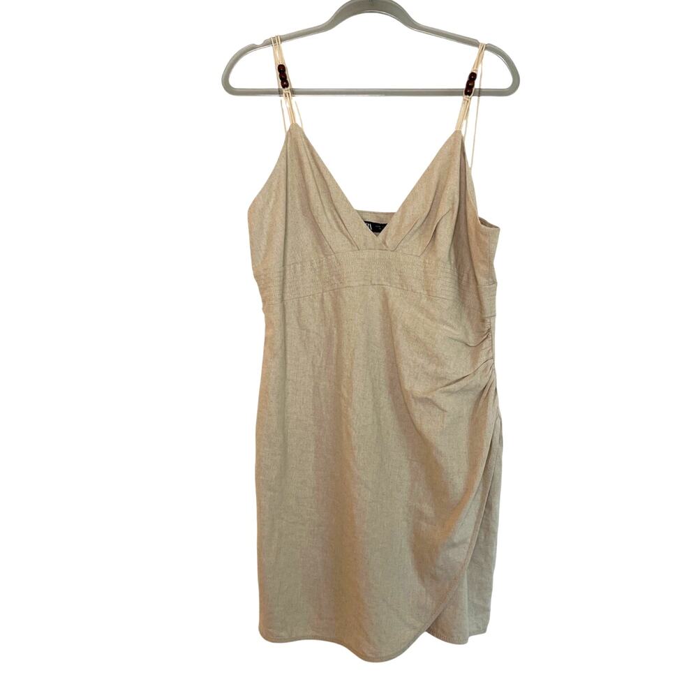 Zara Linen Blend Faux Wrap Sleeveless Strappy Mini Dress Sz XL Khaki Resort NWT